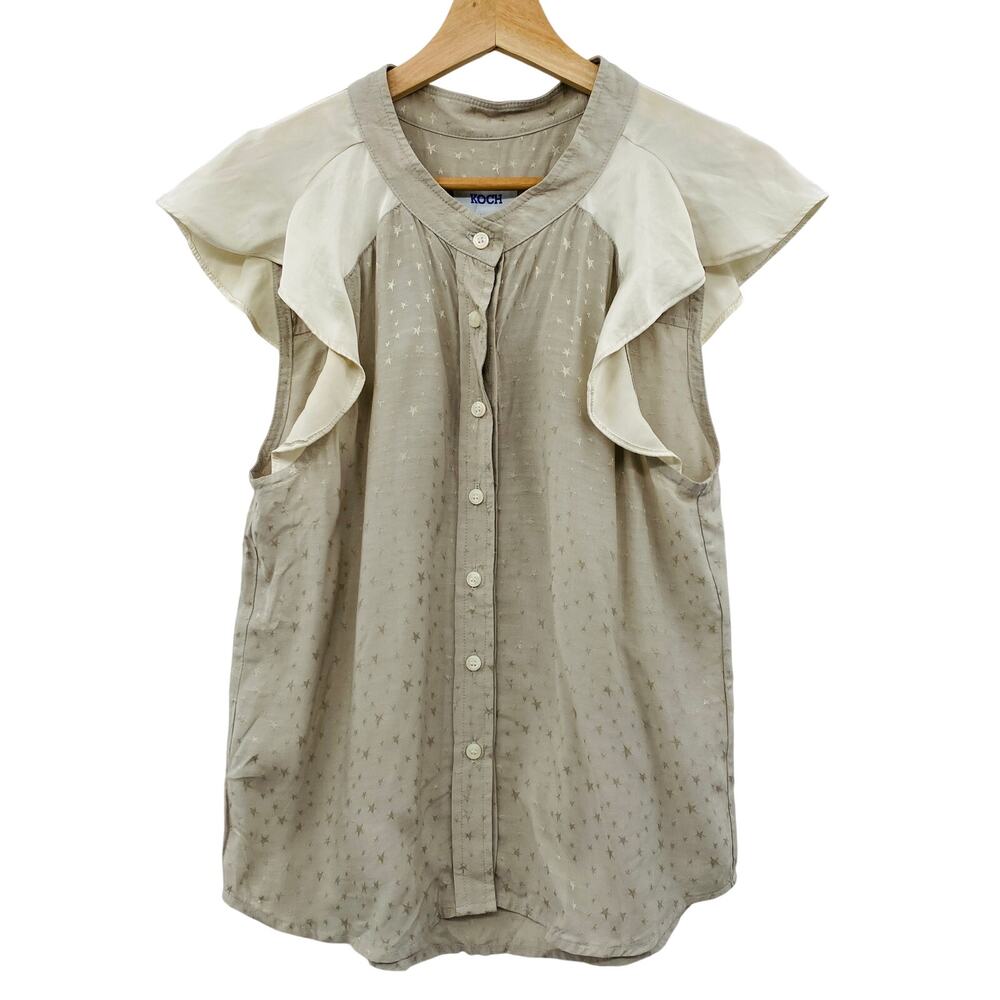 koch XS taupe satin ruffle shoulder top
